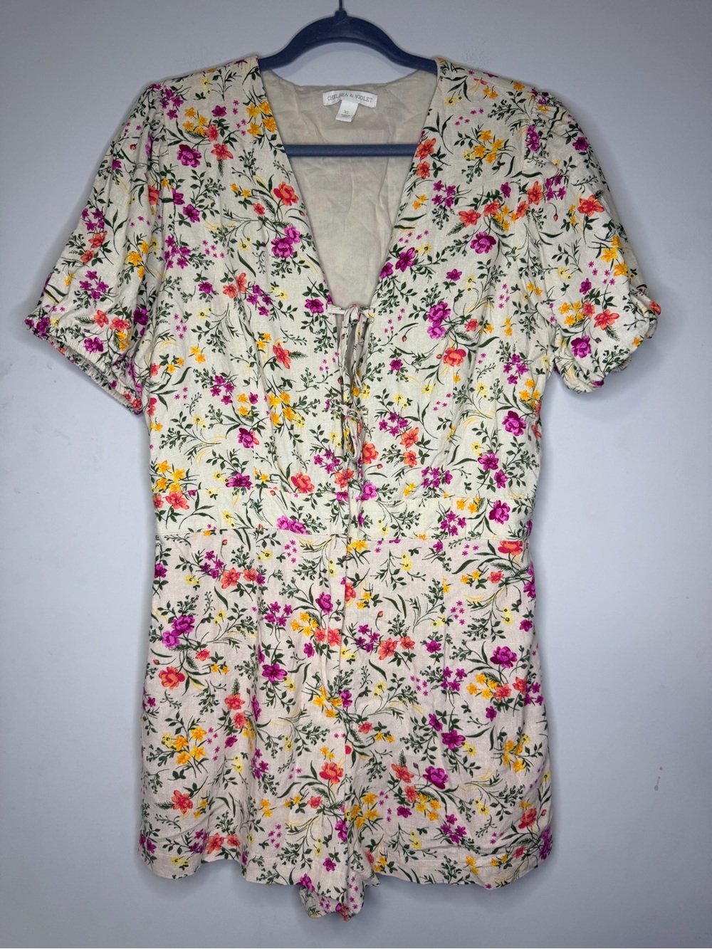 Chelsea & Violet V-Neck Cream Floral Tie-Front Linen-Blend Lined Romper Size XL - Picture 3 of 12